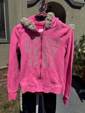 Aeropostale Bright Pink Hooded Zip-Up Jacket with Sherpa Trim